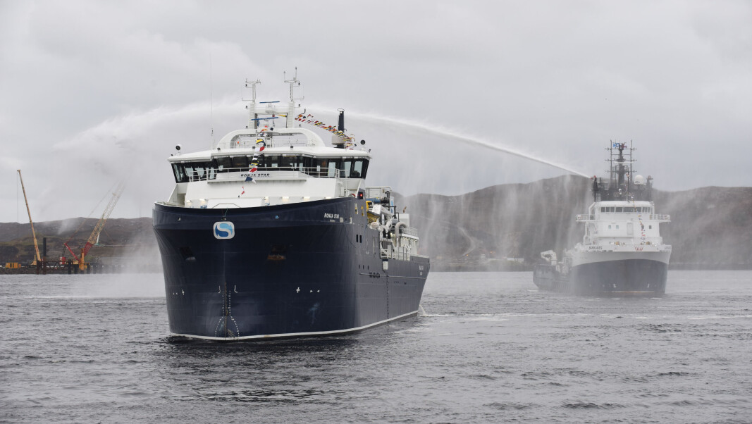 The Ronja Star gets a welcome from the MS Bakkanes, a vessel used by Bakkafrost in the Faroes and Scotland. The Ronja Star gets a welcome from the MS Bakkanes, a vessel used by Bakkafrost in the Faroes and Scotland.
