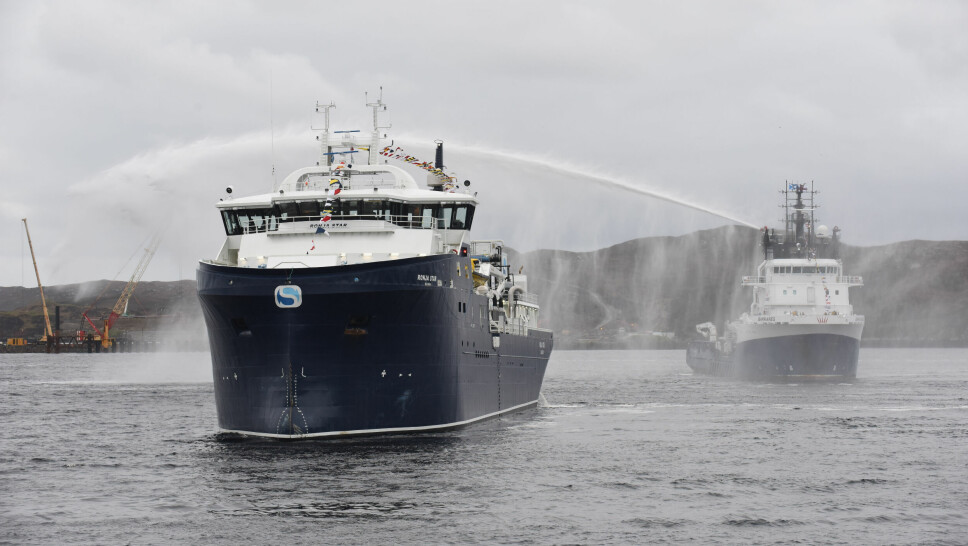 The Ronja Star gets a welcome from the MS Bakkanes, a vessel used by Bakkafrost in the Faroes and Scotland.