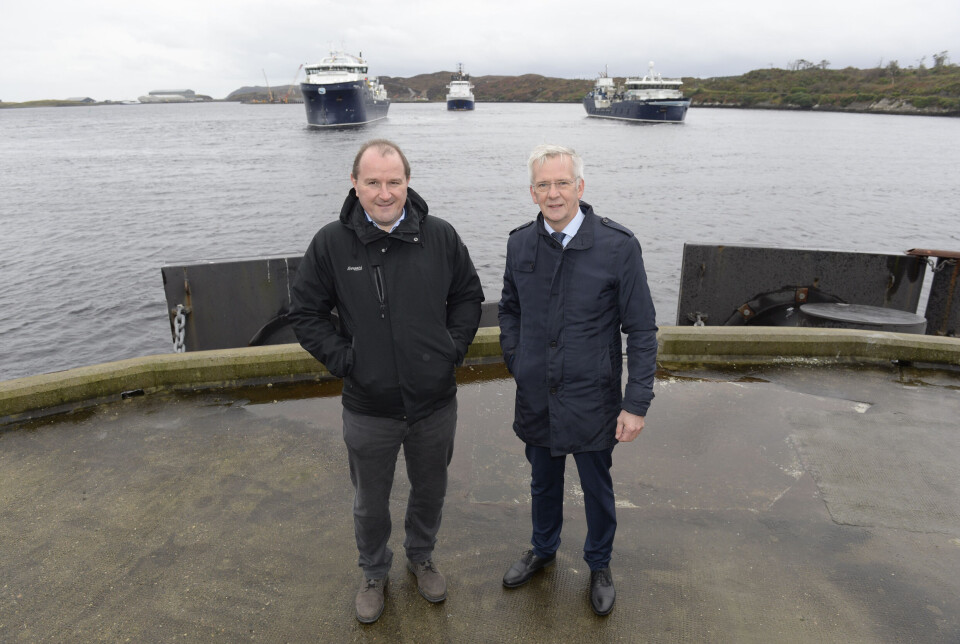 Bakkafrost Scotland managing director Ian Laister, left, and group chief executive Regin Jacobsen at the arrival of a new wellboat to serve the Scottish operation last year. Bakkafrost Scotland had a good first five months of 2023 but has had problems with second-summer fish.