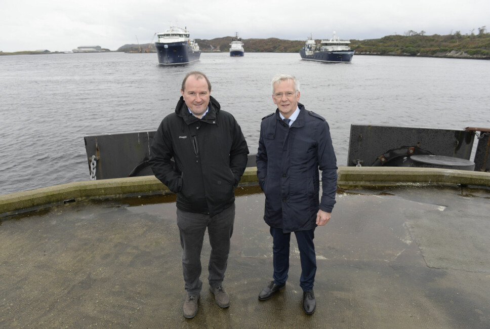 Bakkafrost Scotland managing director Ian Laister, left, and group chief executive Regin Jacobsen, at Stornoway Harbour to welcome the arrival of the wellboat the Ronja Star, last year. Bakkafrost has been investing heavily in resources to improve results in Scotland.