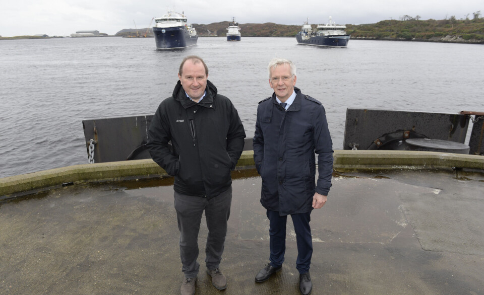 File photo of Bakkafrost Scotland managing director Ian Laister, left, and group chief executive Regin Jacobsen in Stornoway harbour, Lewis for the arrival of the Ronja Star wellboat, which entered service for Bakkafrost Scotland in late 2022. Laister has credited the state-of-the-art vessel with a big improvement in fish health.