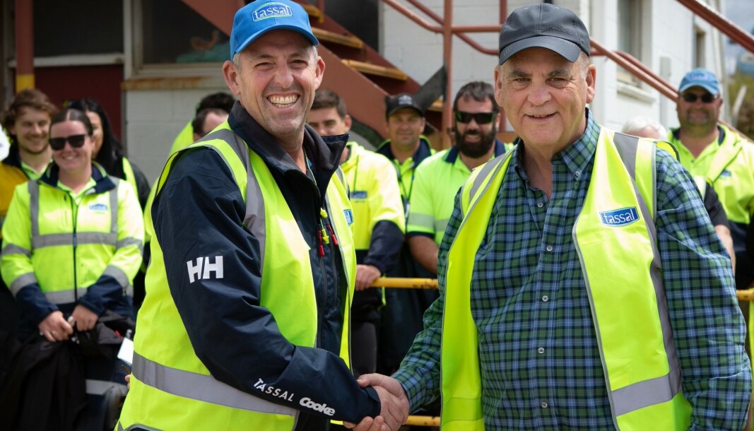 Shake on it: Tassal chief executive Mark Ryan, left, and Glen Cooke. Shake on it: Tassal chief executive Mark Ryan, left, and Glen Cooke.