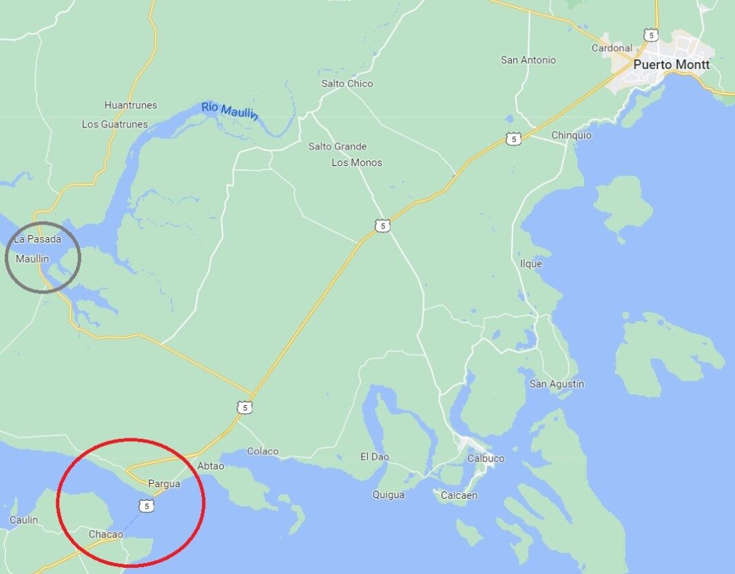 The truck was hijacked during the ferry crossing from Chacao to Pargua (circled in red) and the driver was later released in the Maullín commune (circled in grey). The truck was found abandoned on a road to Calbuco (bottom right). The truck was hijacked during the ferry crossing from Chacao to Pargua (circled in red) and the driver was later released in the Maullín commune (circled in grey). The truck was found abandoned on a road to Calbuco (bottom right).