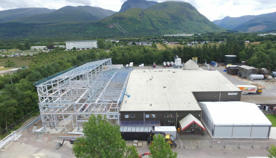 An aerial photo of Mowi's Blar Mhor processing plant taken from the October issue of the company's newsletter. The expansion of the facility will increase capacity and improve efficiency.