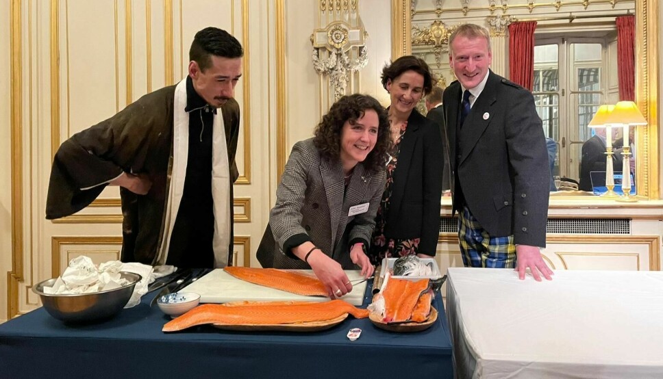 From left: Hirose Abe, Mairi Gougeon, Véronique Ehanno from Scottish Quality Salmon, and Tavish Scott at the St Andrew’s Day reception in Paris.