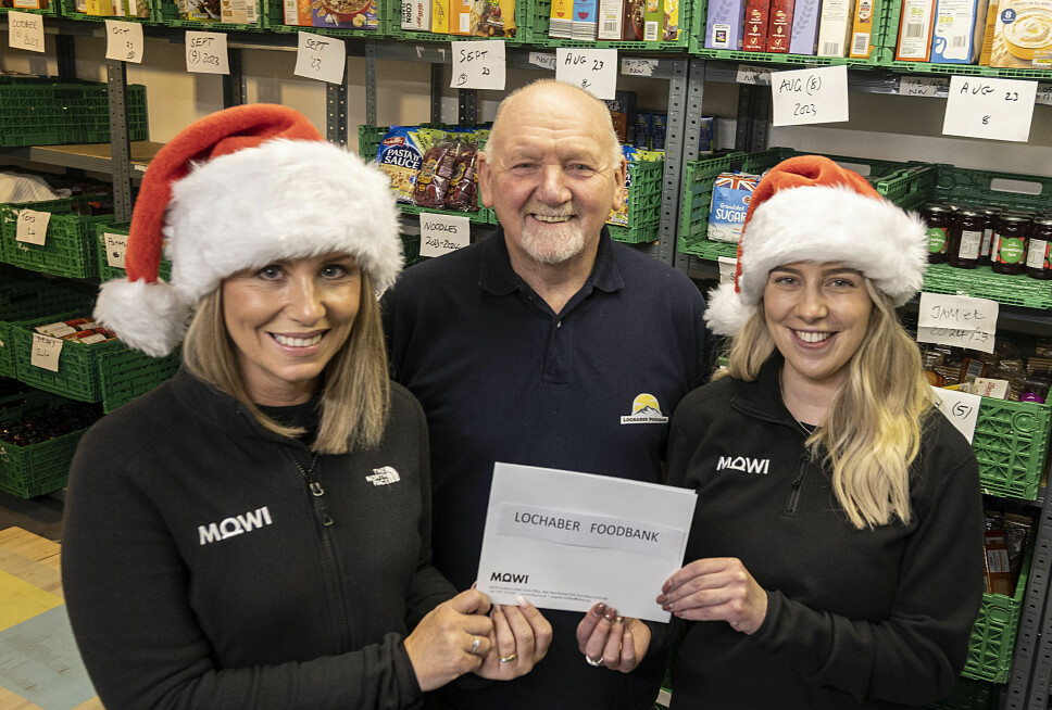 From left: Mowi community engagement officer Jayne MacKay, Lochaber Food Bank volunteer Alex Mcconnachie, and Mowi human resources advisor Emma Robertson, who nominated the food bank. The food bank experiences its heaviest demand in December but also receives its lowest level of donations. Staff at Mowi's office in Fort William have now started a 'reverse advent calendar' which entails bringing in an item of food for the bank every working day in the run-up to Christmas.