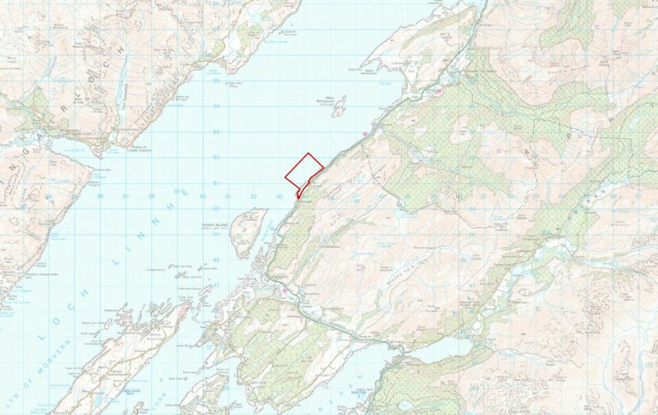 LLS wants to site its SSC salmon farm north of Shuna Island, on the eastern shore of Loch Linnhe. The proposed site is outlined in red.