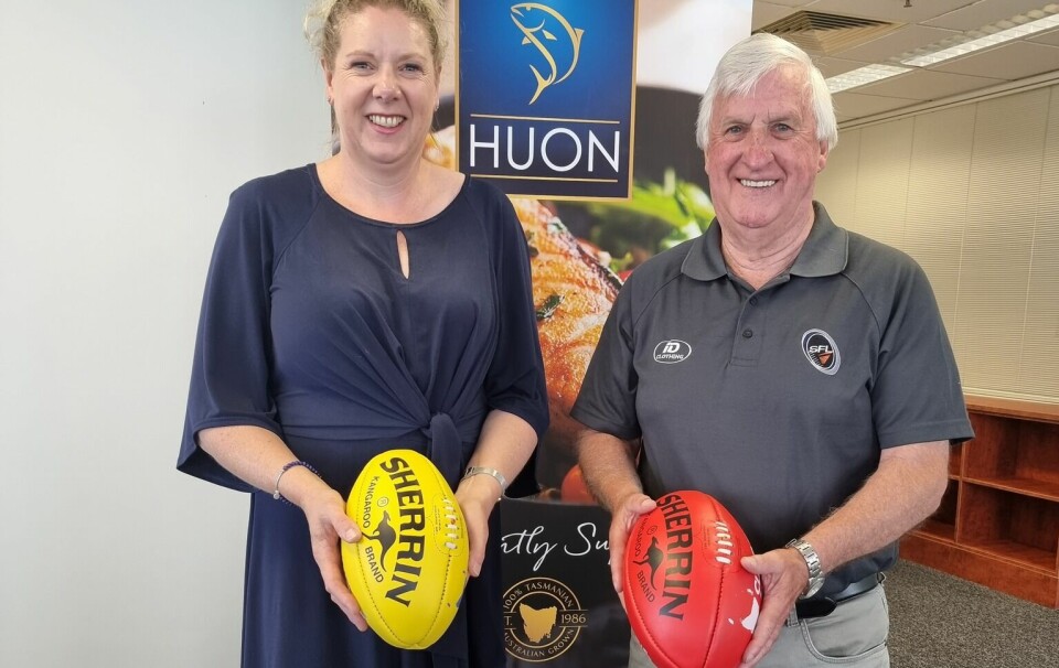 Huon community relations manager Pene Snashall and DSFLF Tasmania president Russell Young.