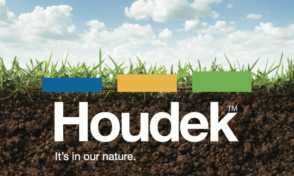 The new branding for Houdek. The blue, yellow, and green blocks indicate the company's progression from providing ingredients for aquafeed to pet food and in future to human health products, respectively.