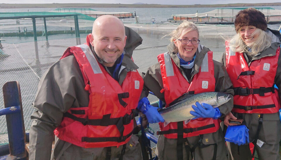 From left: SSF Shetland regional manager Richard Darbyshire
with Professor Caroline Argo and SRUC skills and lifelong learning director Mary Thomson during a tour of two fish farms last year.