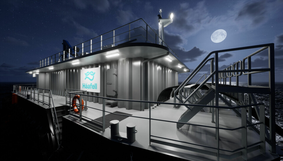 An illustration of the 485-tonne capacity feed barge designed by JT electric for Icelandic salmon farmer Háafell.