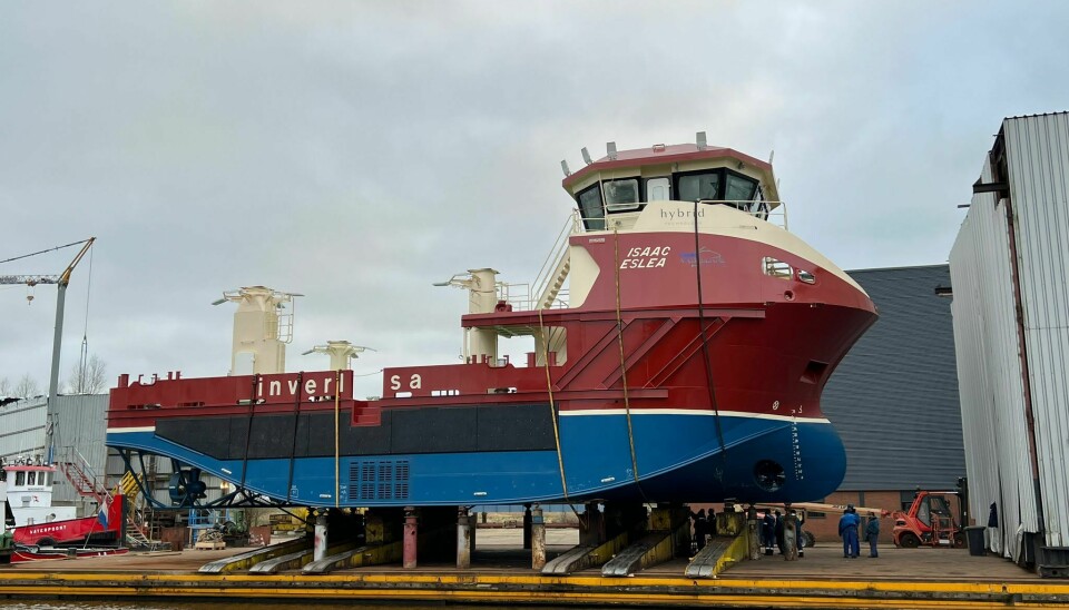The Isaac Eslea before launch. The vessel still requires fitting out before delivery to Inverlussa next month. It will then have a hydrolicer installed in Shetland.