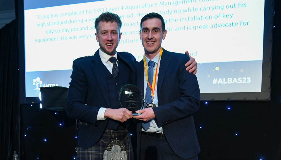Bakkafrost Scotland site manager Craig Johnstone, right, with event host Cammy Wilson.