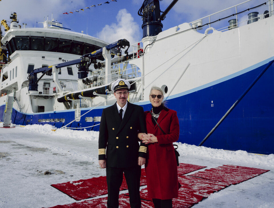 Inter Atlantic captain Erling Aarbakke together with the vessel's godmother Nikki Rigg, wife of Intership chairman Peter Rigg.