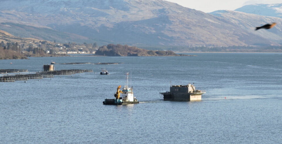The barge passes a fish farm on its way from Loch Carron to Loch Striven.