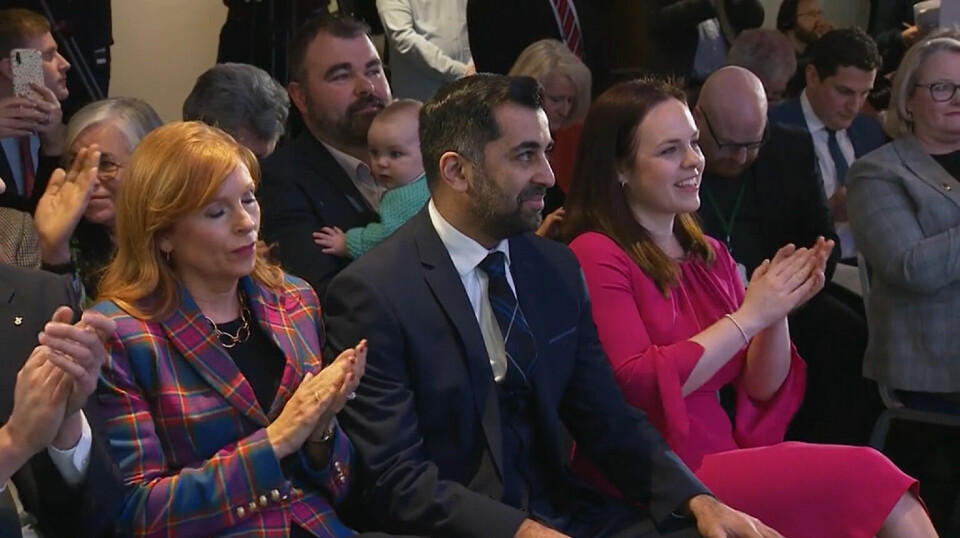 Humza Yousaf, flanked by Ash Regan, left, and Kate Forbes, is announced as the SNP's new leader.