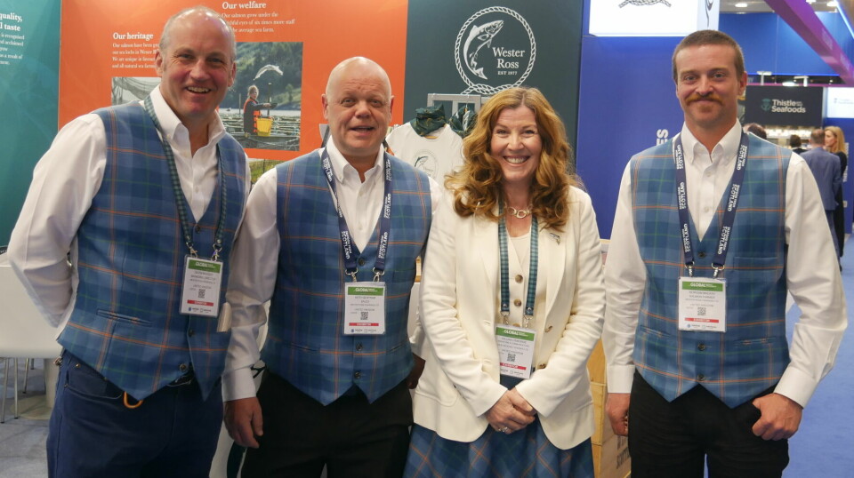 The Wester Ross team in Barcelona. From left: Gilpin Bradley, Keith Bertram (sales), Gillian Osborne (marketing and communication), and Morgan MacKay (fish farmer). Marketing initiatives include the company's own tartan, which all four are wearing.