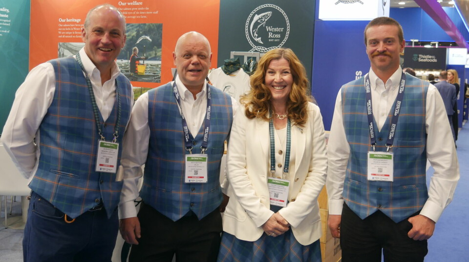 Well plaid, Gilpin: Wester Ross MD Gilpin Bradley, left, with Keith Bertram (sales), Gillian Osborne (marketing and communication), and Morgan MacKay (fish farmer), at Seafood Expo Global in Barcelona earlier this year. Marketing initiatives include the company's own tartan, with a hint of salmon pink, which all four are wearing.