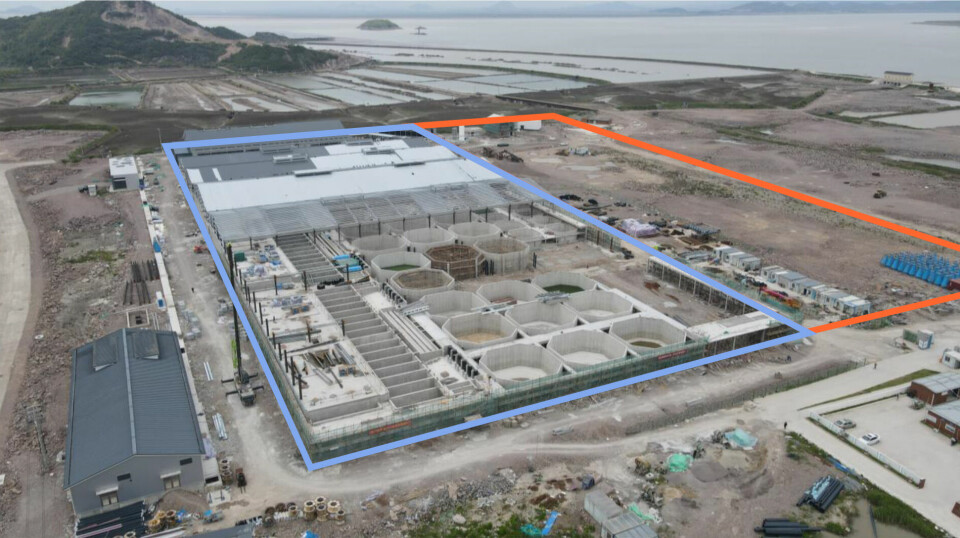 The Nordic Aqua Partners construction site pictured last month. Phase 1, outlined in blue, covers 38,000m² and Phase 2, outlined in orange, covers 19,000m².