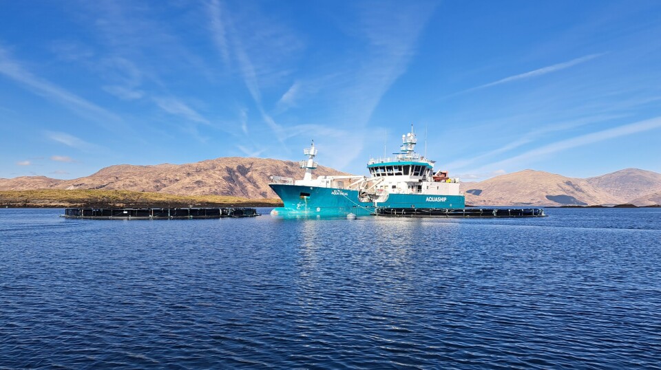 The wellboat Aqua Viking visiting Lismore North to take on fresh water produced by nanofiltration of sea water.