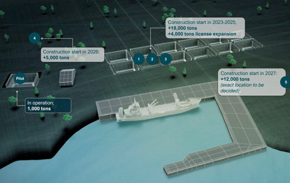 An illustration showing Andfjord's planned programme of works at Kvalnes, which includes a harbour, and 12 new pools (1, 2, and 3) by 2025.