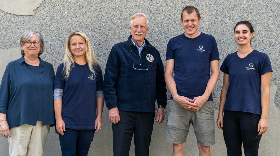 From left: Maine University president Joan Ferrini-Mundy, operations manager Megan Sorby, Senator Angus King, operations manager Tom Sorby, and hatchery specialist Liz Groover during a visit to Kingfish Maine's broodstock facility in Franklin earlier this year. Megan Sorby is stepping back to take an advisory role now that permits have been secured.