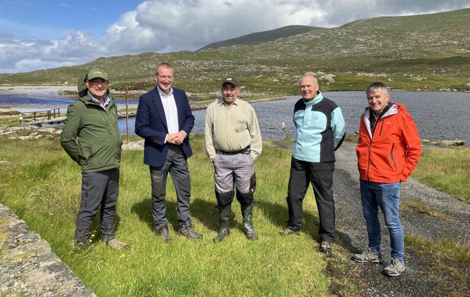 From left: Jon Gibb (co-ordinator, Wild Fisheries Fund), Tavish Scott (chief executive, Salmon Scotland), Finlay Mackinnon (ghillie, Borve Lodge Estate), Roddy Macdonald (director, West Harris Trust), and Neil Campbell (director, West Harris Trust), at Fincastle Dam, which was repaired with money from the salmon sector.