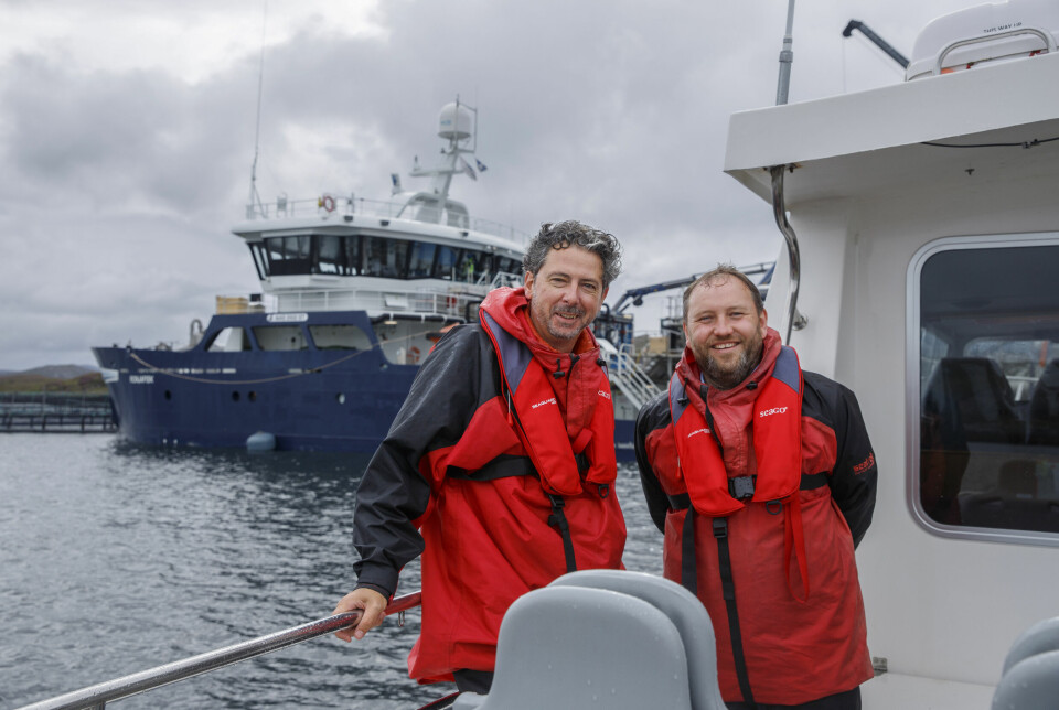 Labour's Western Isles candidate Torcuil Crichton, left, and Shadow Scotland Secretary Ian Murray visiting Bakkafrost Scotland's Loch Roag site, with the Ronjafisk wellboat in the background.