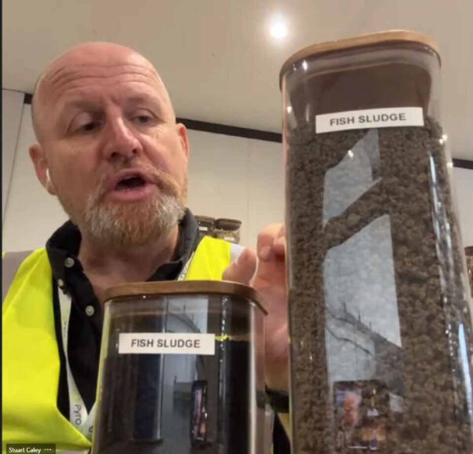 Stuart Caley from PyroCore with dewatered fish farm sludge, right, and the same sludge after being pyrolysed, left.