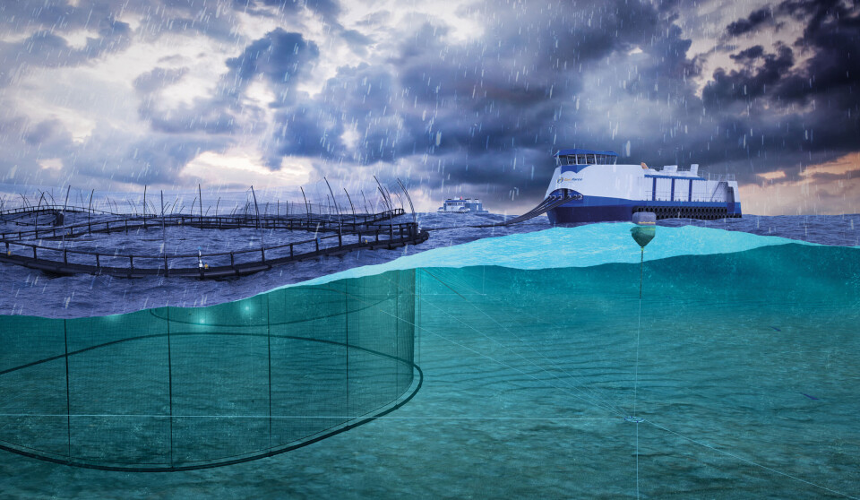 An illustration of some of Gael Force Group's fish farming equipment, including a steel feed barge.