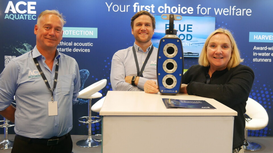 From left: Ace Aquatec head of digital Donald Sutherland, marine protection products business manager Andrew Gillespie-McLean, and Tara McGregor-Woodhams with the A-BIOMASS at the Aqua Nor trade show in Trondheim, Norway, in August.