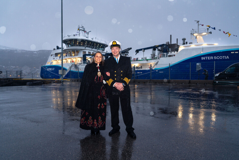 The Inter Scotia's godmother, Ole-Peter Brandal's wife Juliana, with the vessel's captain Svenn A Johansen at the wellboat's naming ceremony in January.
