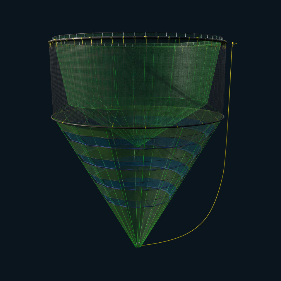 Fjord Farm cage with double protection against escape and bio-collector for sludge collection.