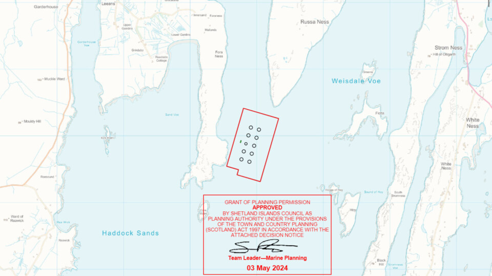 Stamp of approval: Shetland Islands Council has given planning consent for a salmon farm with an anticipated maximum standing biomass of 4,091 tonnes. Scottish Sea Farms will surrender other consents totalling 4,944 tonnes as part of the site consolidation project.