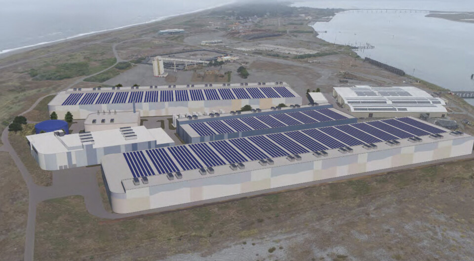 An illustration of Nordic Aquafarms' proposed kingfish RAS facility on the Samoa Peninsula, California.