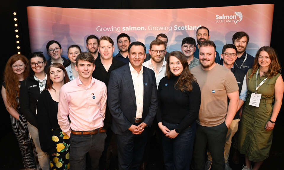 Scottish Labour leader Anas Sarwar, centre, with members of networking group the Young Aquaculture Society during Aquaculture UK in Aviemore this week. He is flanked by YAS president Andrew Richardson and engagement officer Alison Brough.