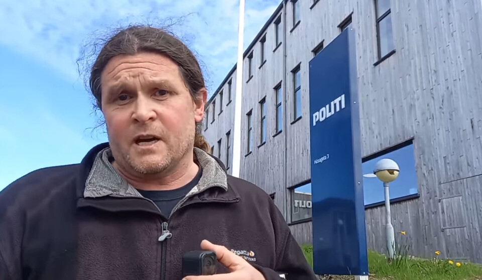 Don Staniford outside the police station in Torshavn, Faroes, after being questioned by police on Friday. A staff member at Bakkafrost's FÖRKA biogas company called police when the anti-salmon farming veteran visited a facility.