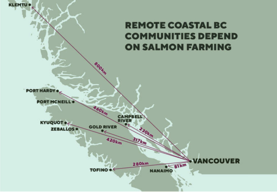 The map published by the Coalition of First Nations for Finfish Stewardship (FNFFS) aims to show urban Canadians how geographically remote the communities that rely on salmon farming are.