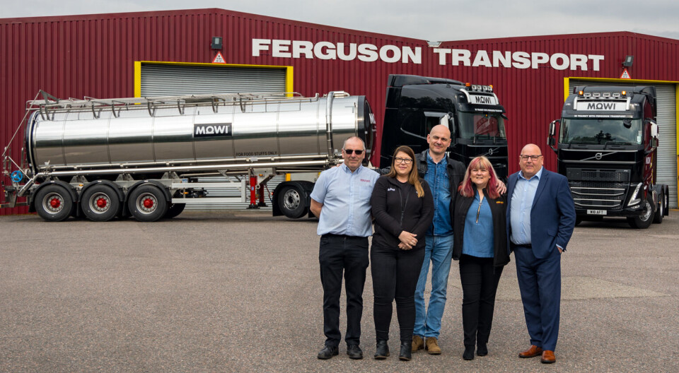 From left: Michael Oliver (FTS), Sarah Donaldson (Mowi), Kris Wilk (Mowi), Carol MacKinnon (FTS), and Alasdair Ferguson (FTS) with the new trucks.