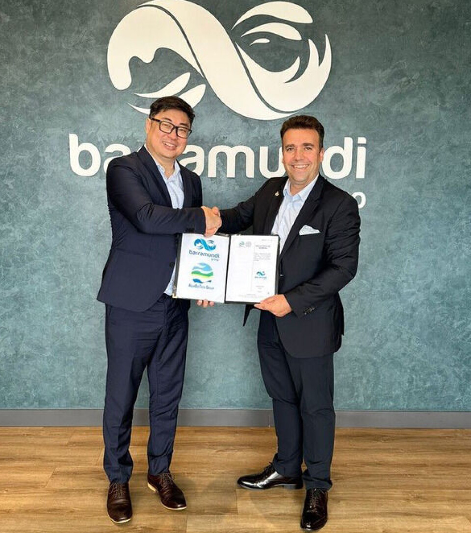 Chief executives James Kwan, left, and Shane Hunter at the contract signing for the new broodstock and hatchery RAS facility in Brunei.