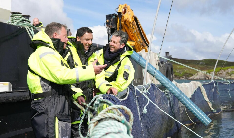 From left: Ben Hadfield, chief operations officer of Scotland's biggest salmon farmer, Mowi; Scottish Labour leader Anas Sawar; and Torcuil Crichton, who is now MP for Na h-Eileanan an Iar, on a recent visit to a Mowi salmon farm.