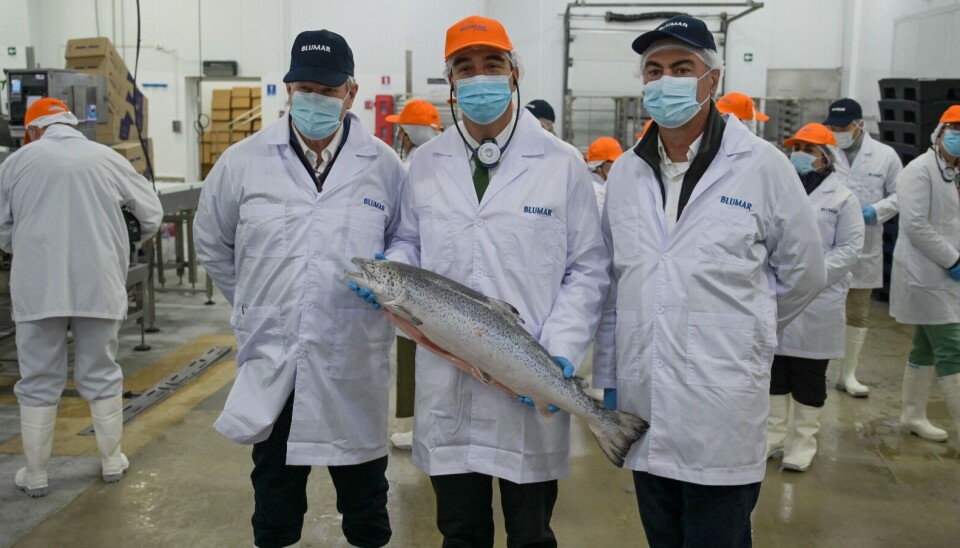 Magallanes governor Jorge Flies, centre, with Blumar's general manager, Gerardo Balbontín, left, and president Rodrigo Sarquis.