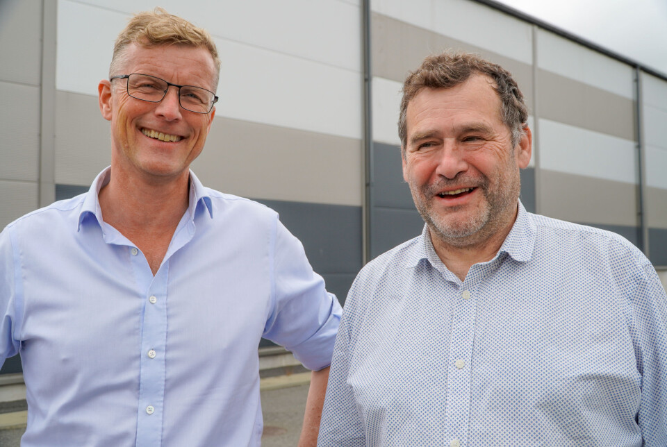 Nordic Aquafarms general manager Bernt Olav Røttingsnes, left, and sales and marketing director Patrick Lorenzi outside the RAS facility in Fredrikstad, Norway.