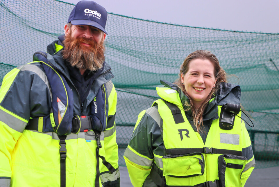 Cooke Scotland Shetland regional manager David Brown, left, says a waterborne feeding system being trialled with the help of a grant from Marine Fund Scotland can enhance the wellbeing of its fish, reduce energy consumption, and ensure durability of feed pipes. He is pictured with Highlands and Islands MSP Emma Roddick during an unrelated fact finding visit to the company's Vatsetter site in August.