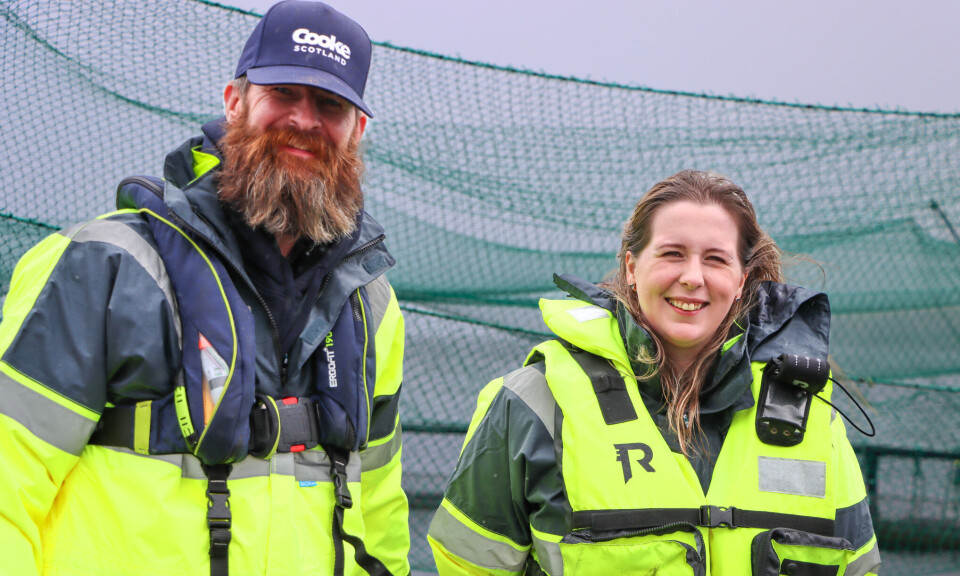 Cooke Scotland Shetland regional manager David Brown and Highlands and Islands MSP Emma Roddick at Vatsetter.