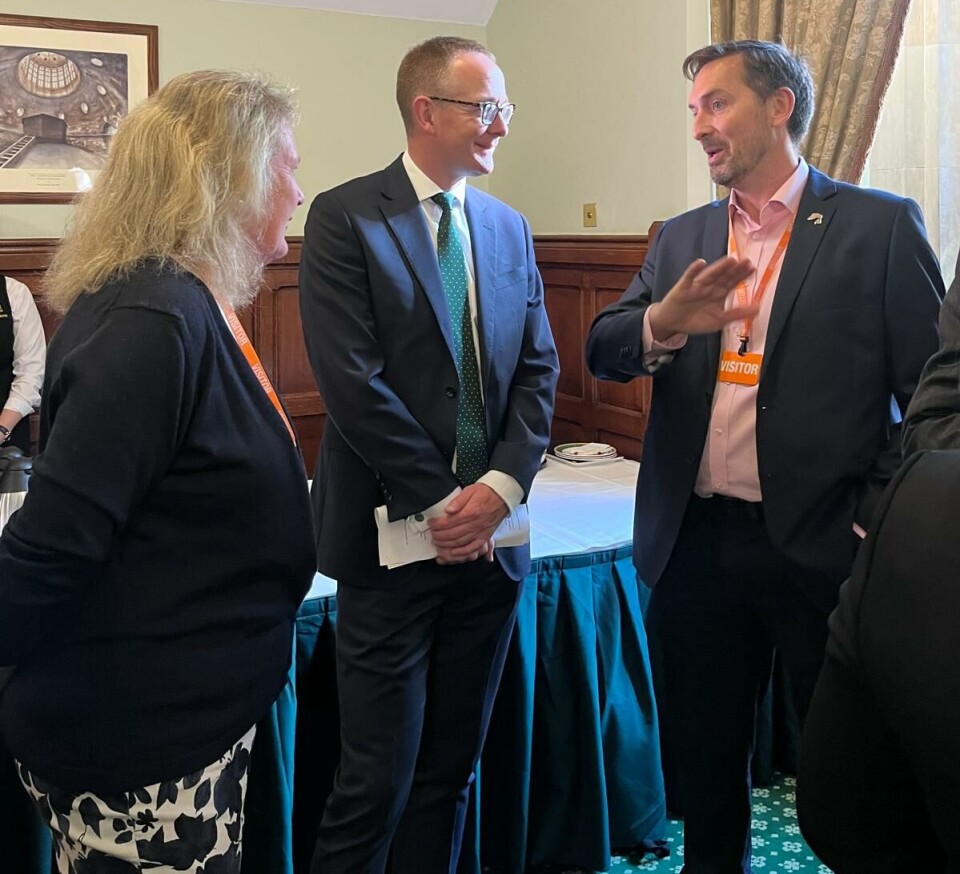 Conservative MP John Lamont in conversation with Bakkafrost Scotland's Su Cox and Salmon Scotland's James Park.