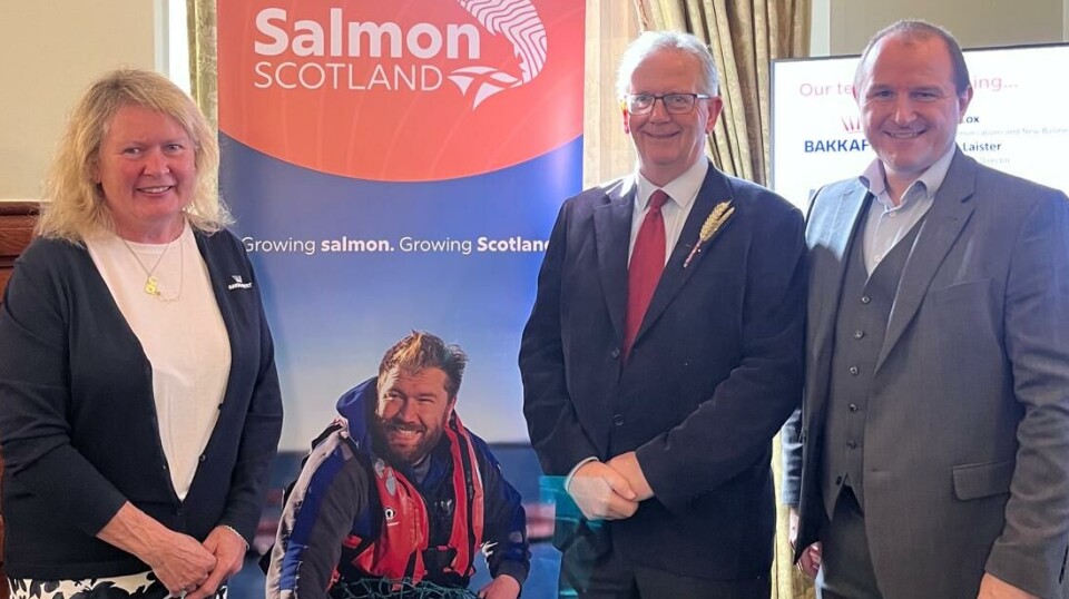 SNP MP Seamus Logan, centre, with Bakkafrost Scotland new business development director Su Cox and managing director Ian Laister.