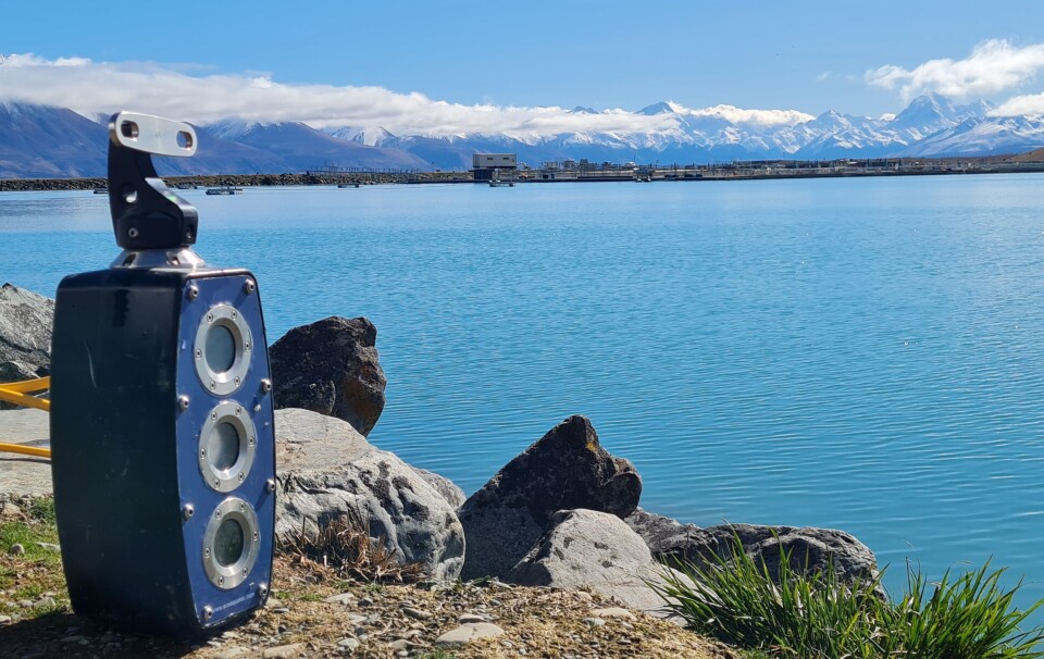 Ace Aquatec's A-Biomass camera with New Zealand's Mt Cook National Park in the background. Glacial meltwater from the mountains feeds the lakes used for hydro power and the connecting canals used to farm king salmon.