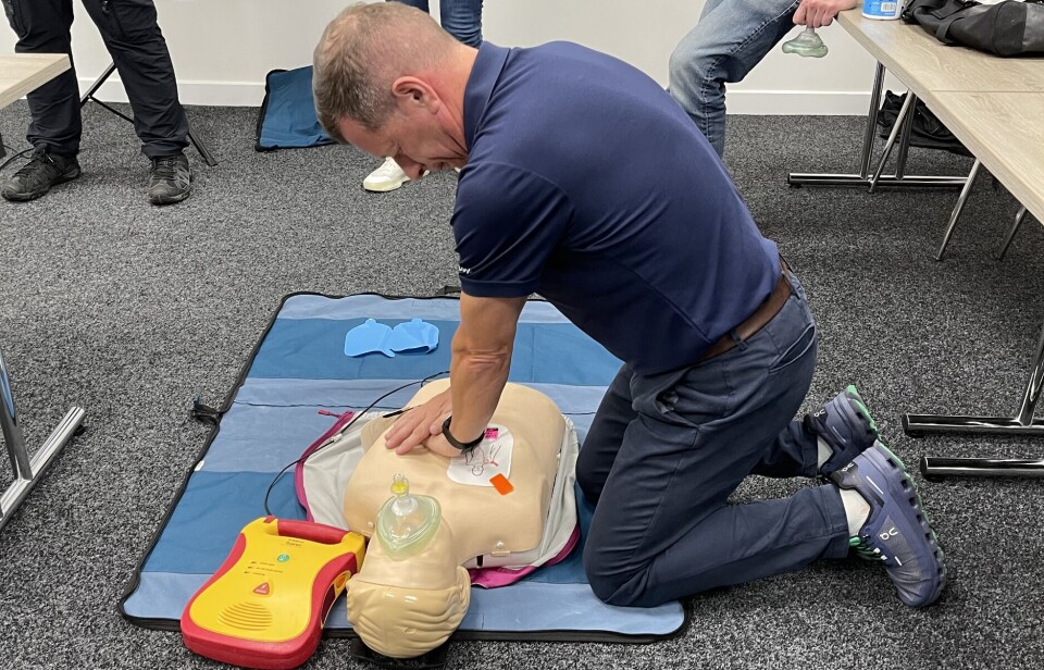 Scottish Sea Farms managing director Jim Gallagher performs CPR (cardiopulmonary resuscitation) on a dummy during first aid training which also included using a defibrillator.