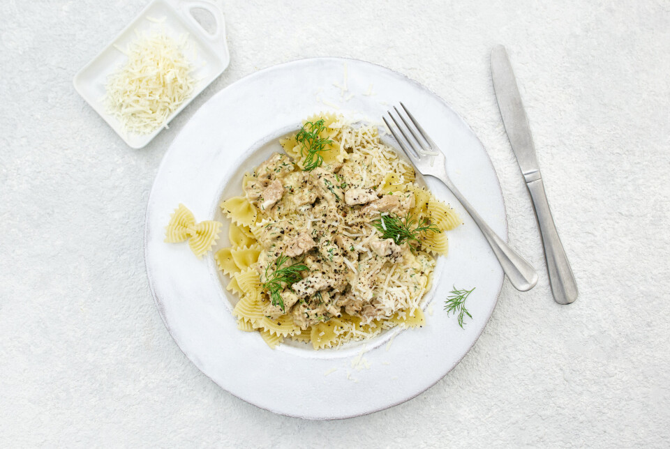 A pasta dish made with upcycled fillet that includes heads, fins, tails, and frames.